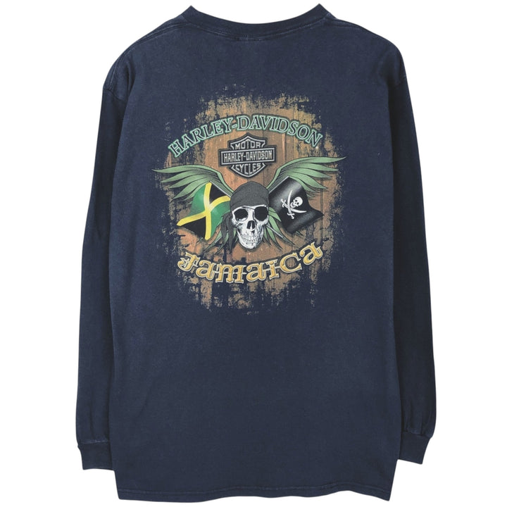 Harley-Davidson Skull Pattern Motorcycle Long Sleeve T-Shirt, Men's Size L cotton navy blue type Vintage Second Hand
