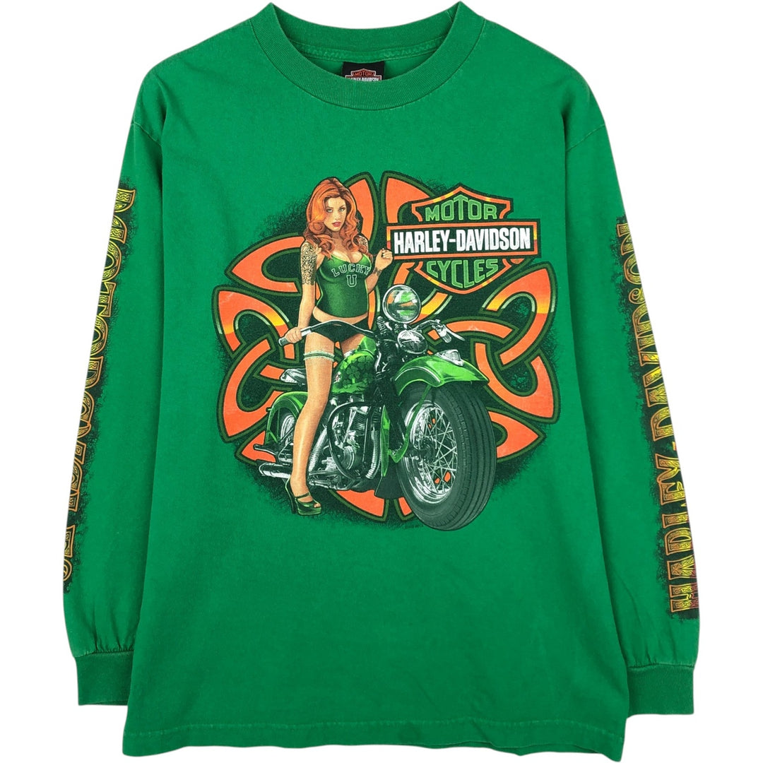 Harley-Davidson Pin-up Girl Motorcycle Long-Sleeve T-Shirt (Men's Size M) cotton green type Vintage Second Hand