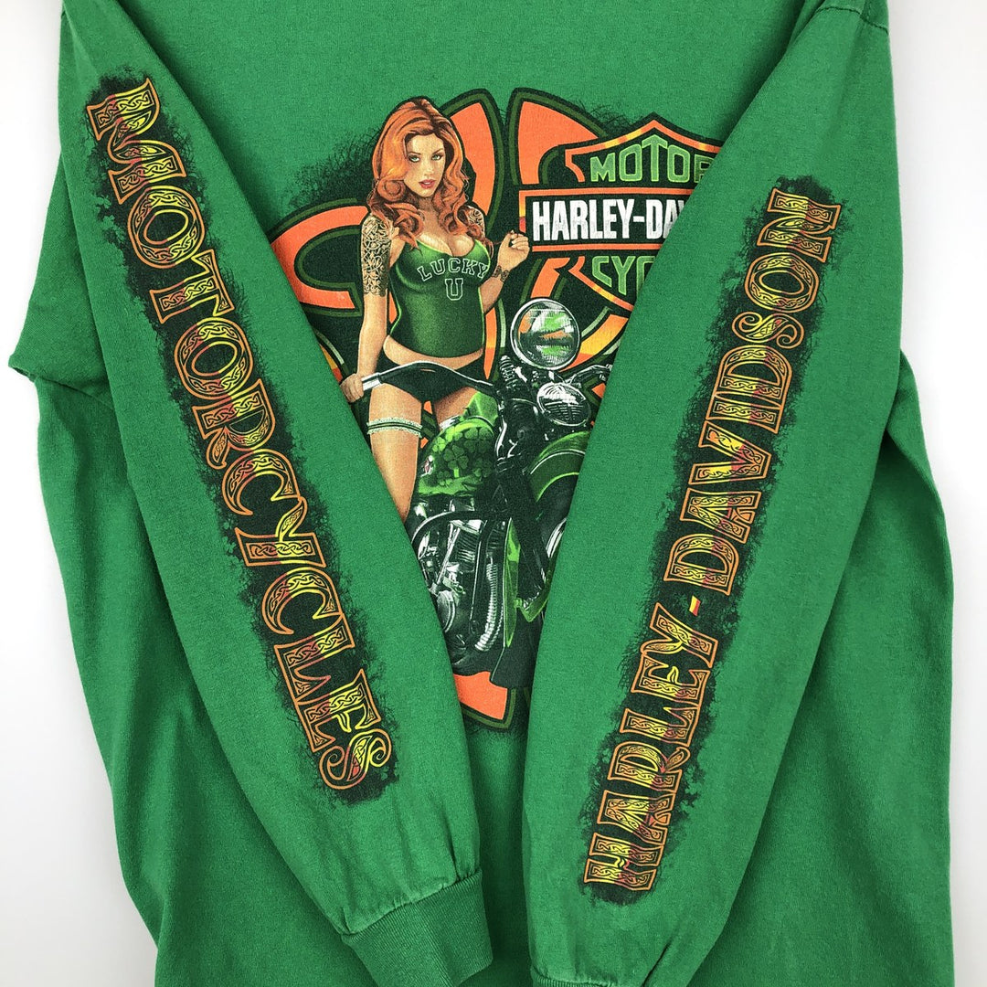Harley-Davidson Pin-up Girl Motorcycle Long-Sleeve T-Shirt (Men's Size M) cotton green type Vintage Second Hand