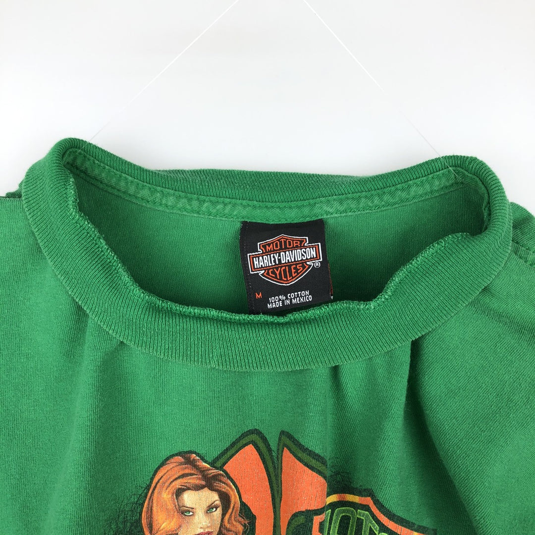 Harley-Davidson Pin-up Girl Motorcycle Long-Sleeve T-Shirt (Men's Size M) cotton green type Vintage Second Hand