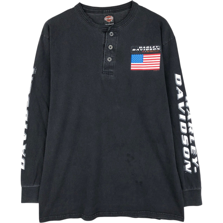 90'S Harley-Davidson American flag pattern motorcycle henley neck long-sleeved T-shirt, made in USA, men's size L equivalent. cotton black type Vintage Second Hand
