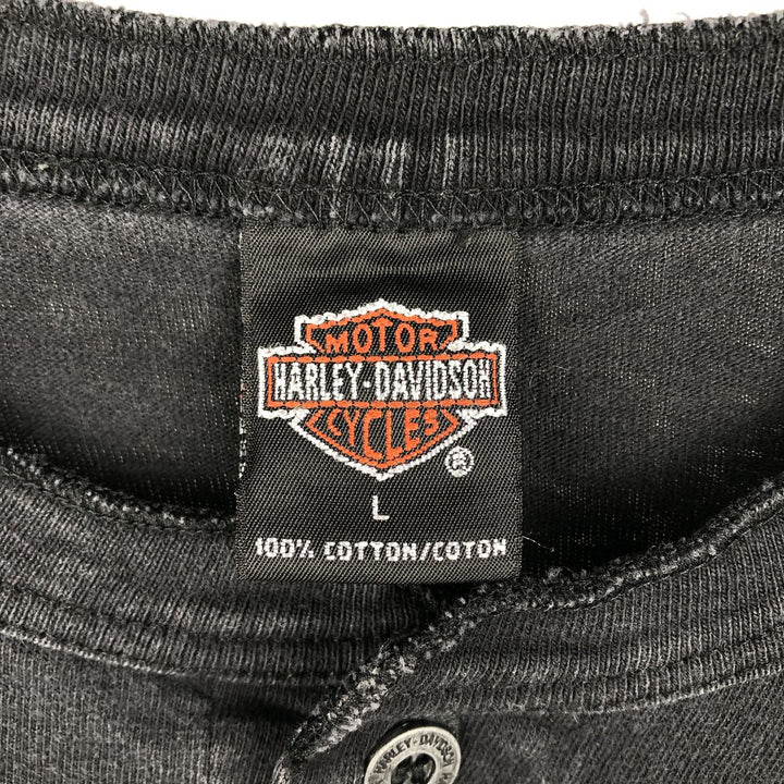 90'S Harley-Davidson American flag pattern motorcycle henley neck long-sleeved T-shirt, made in USA, men's size L equivalent. cotton black type Vintage Second Hand