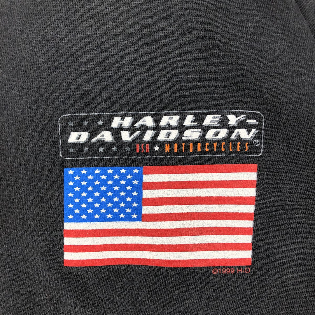90'S Harley-Davidson American flag pattern motorcycle henley neck long-sleeved T-shirt, made in USA, men's size L equivalent. cotton black type Vintage Second Hand
