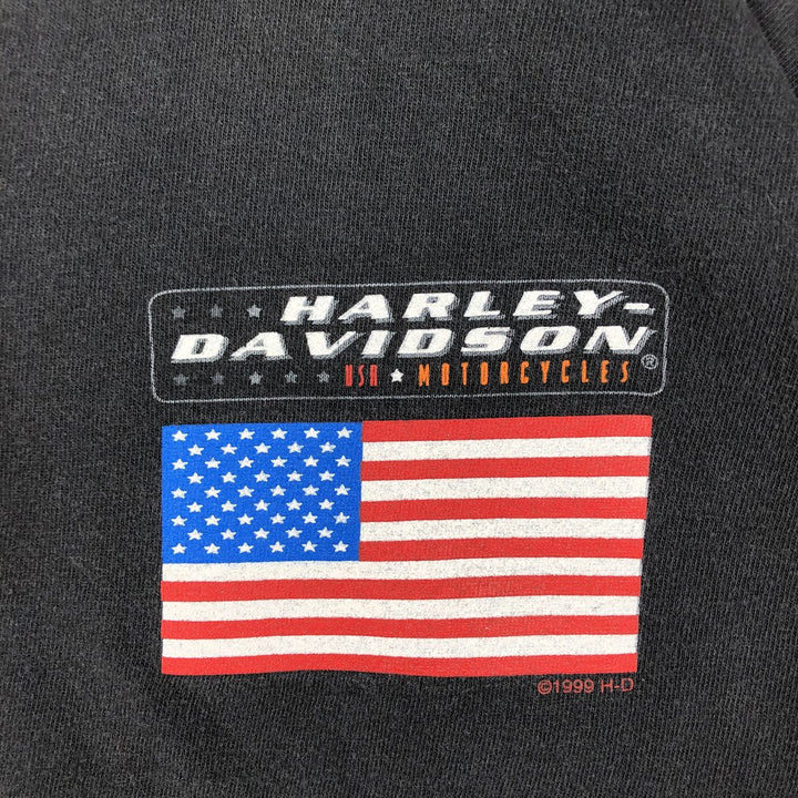 90'S Harley-Davidson American flag pattern motorcycle henley neck long-sleeved T-shirt, made in USA, men's size L equivalent. cotton black type Vintage Second Hand