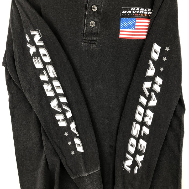 90'S Harley-Davidson American flag pattern motorcycle henley neck long-sleeved T-shirt, made in USA, men's size L equivalent. cotton black type Vintage Second Hand