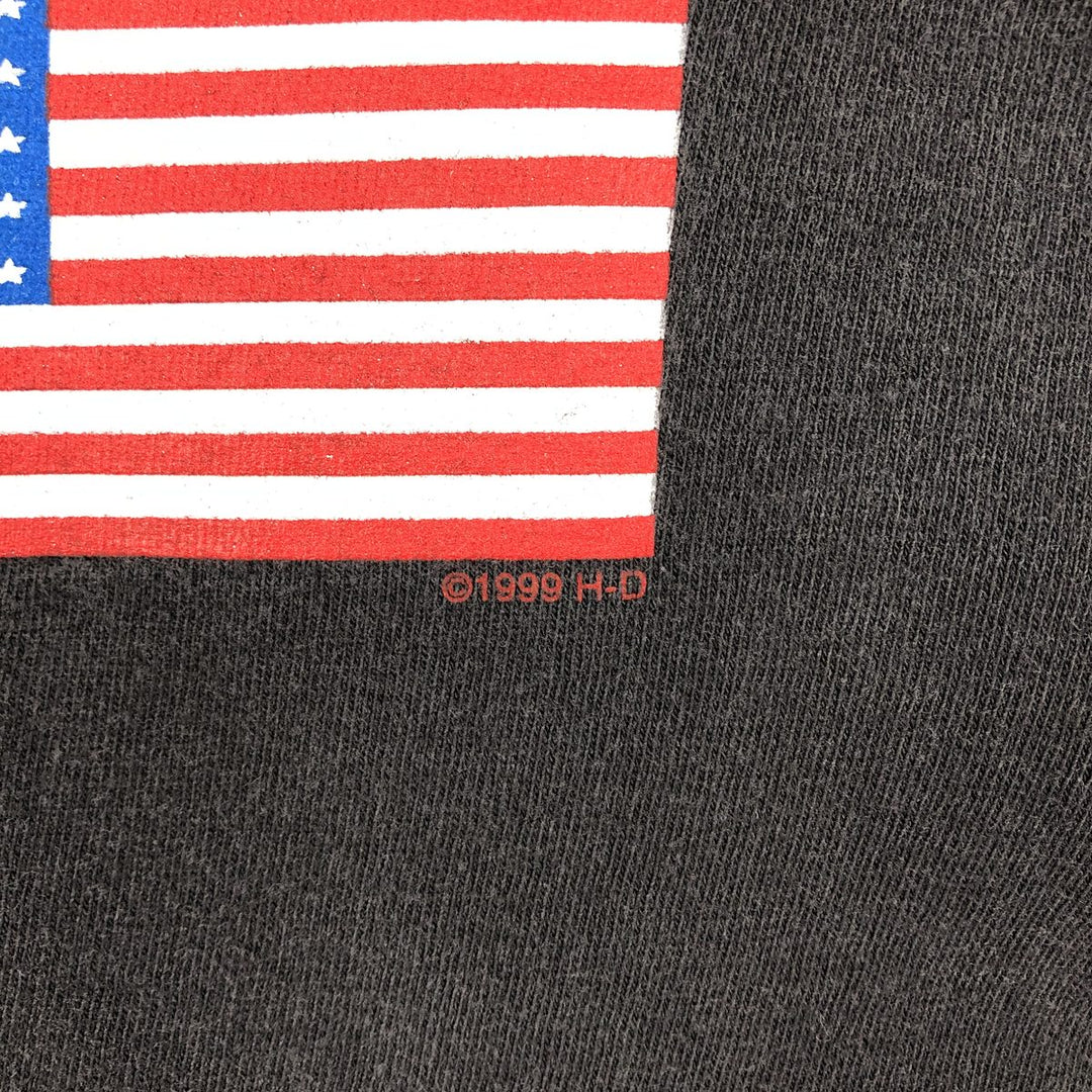90'S Harley-Davidson American flag pattern motorcycle henley neck long-sleeved T-shirt, made in USA, men's size L equivalent. cotton black type Vintage Second Hand