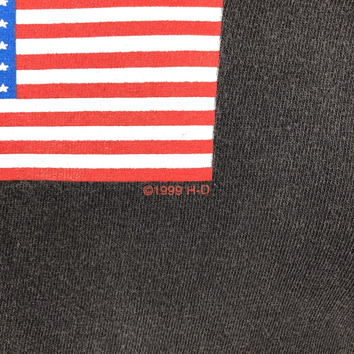 90'S Harley-Davidson American flag pattern motorcycle henley neck long-sleeved T-shirt, made in USA, men's size L equivalent. cotton black type Vintage Second Hand