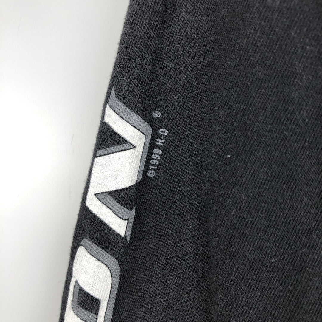 90'S Harley-Davidson American flag pattern motorcycle henley neck long-sleeved T-shirt, made in USA, men's size L equivalent. cotton black type Vintage Second Hand