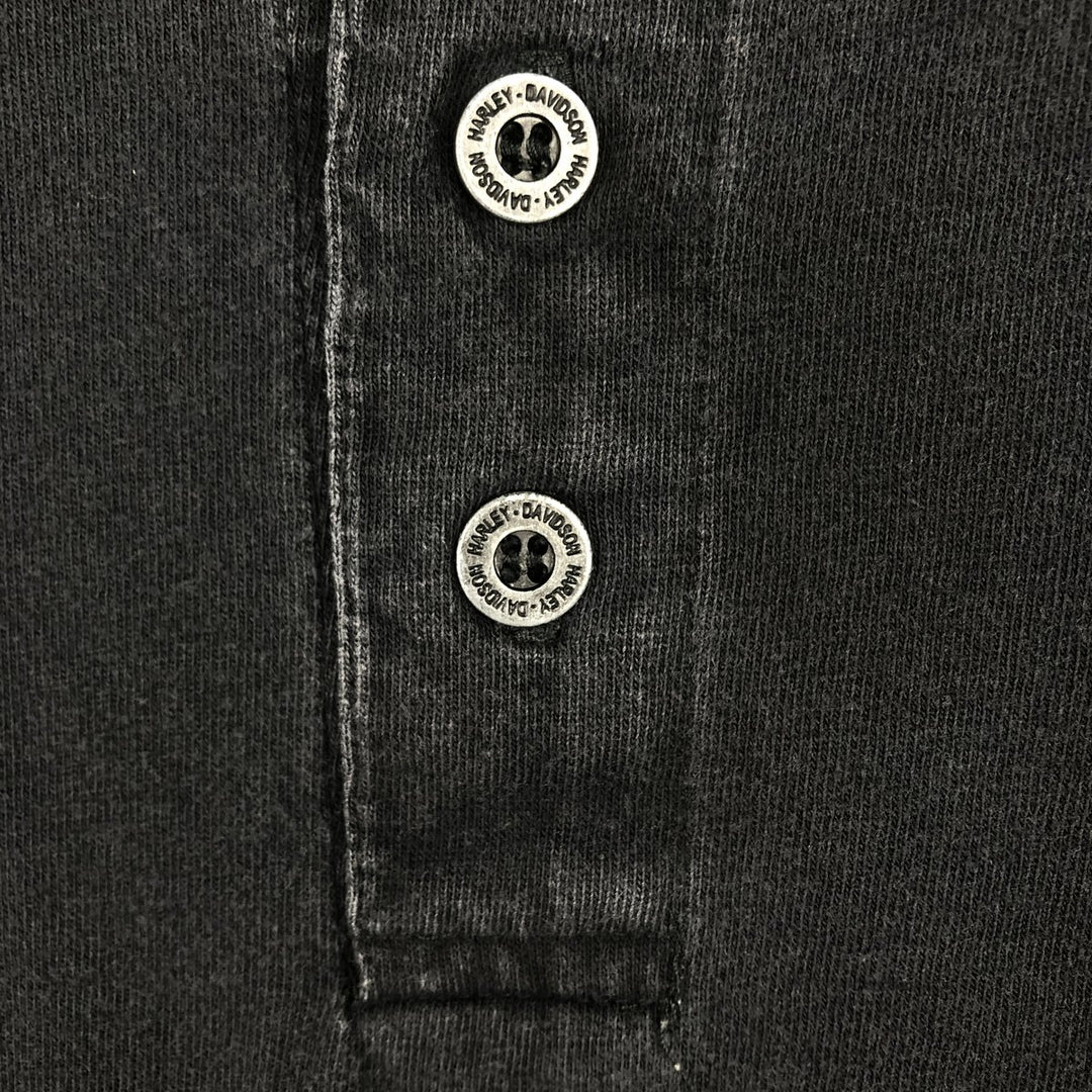 90'S Harley-Davidson American flag pattern motorcycle henley neck long-sleeved T-shirt, made in USA, men's size L equivalent. cotton black type Vintage Second Hand