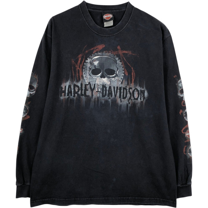 2000'S Harley-Davidson Skull Pattern Motorcycle Long Sleeve T-Shirt, Made in USA, Men's Size L cotton black type Vintage Second Hand