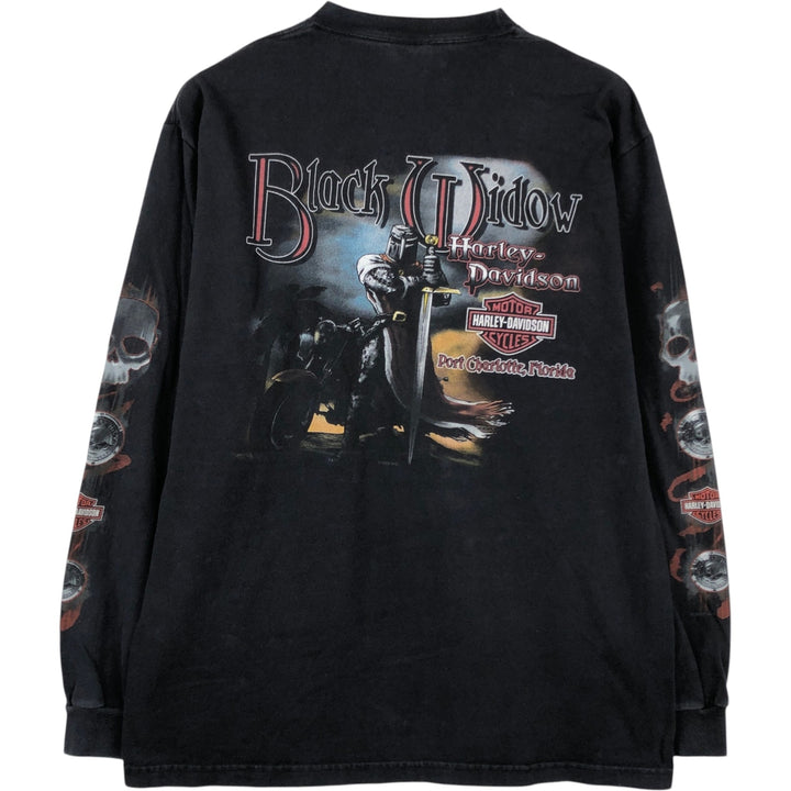 2000'S Harley-Davidson Skull Pattern Motorcycle Long Sleeve T-Shirt, Made in USA, Men's Size L cotton black type Vintage Second Hand