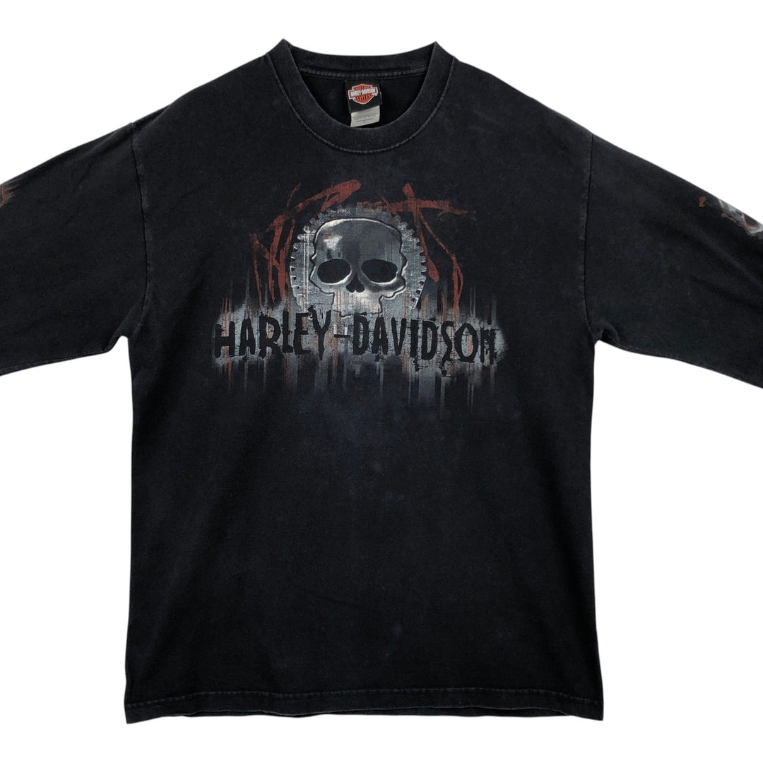 2000'S Harley-Davidson Skull Pattern Motorcycle Long Sleeve T-Shirt, Made in USA, Men's Size L cotton black type Vintage Second Hand