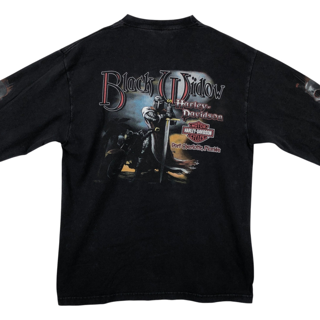2000'S Harley-Davidson Skull Pattern Motorcycle Long Sleeve T-Shirt, Made in USA, Men's Size L cotton black type Vintage Second Hand