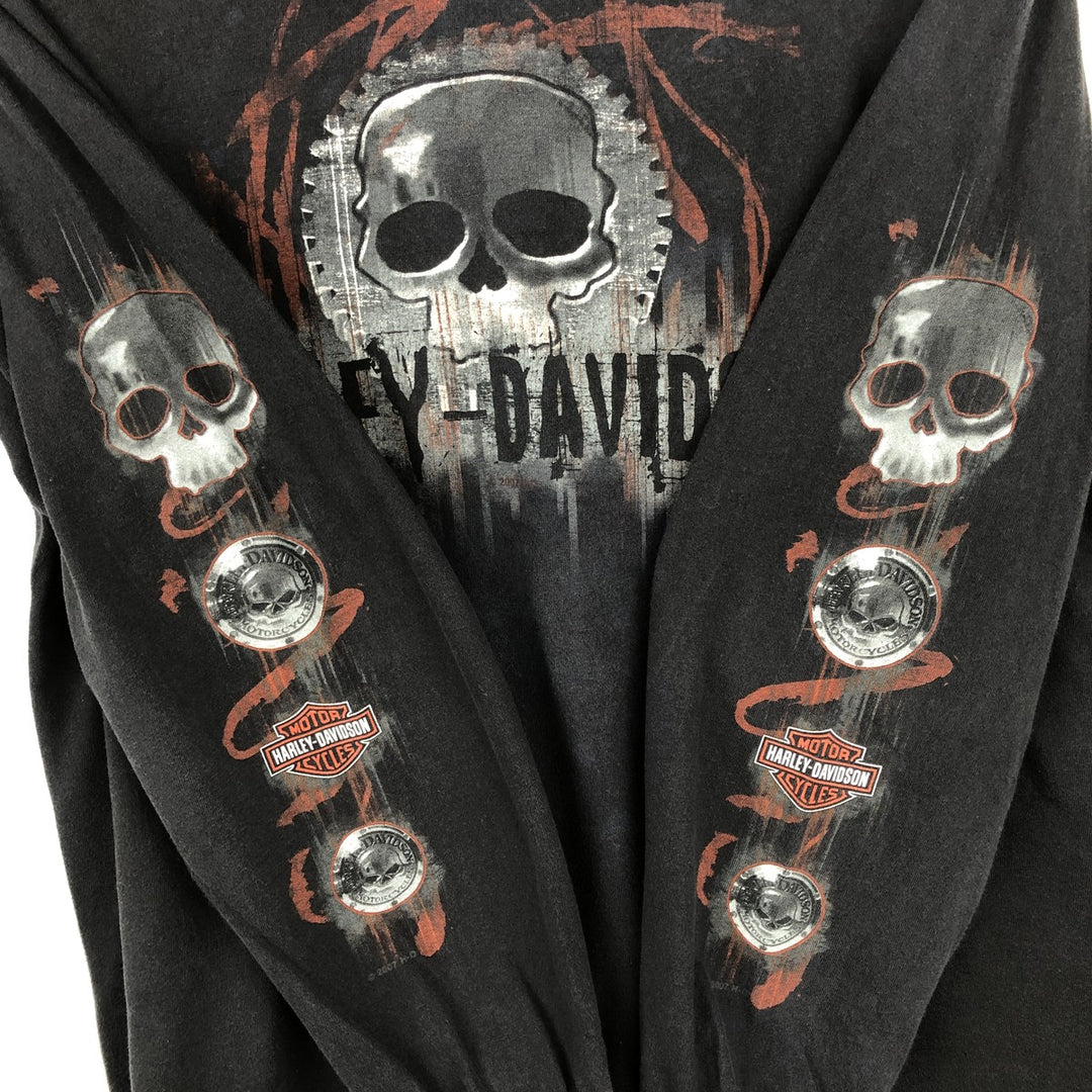 2000'S Harley-Davidson Skull Pattern Motorcycle Long Sleeve T-Shirt, Made in USA, Men's Size L cotton black type Vintage Second Hand