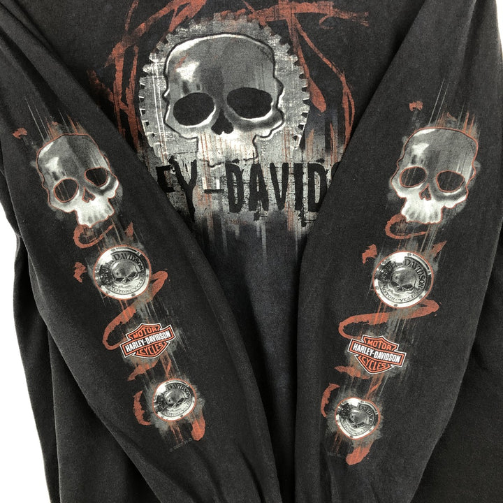 2000'S Harley-Davidson Skull Pattern Motorcycle Long Sleeve T-Shirt, Made in USA, Men's Size L cotton black type Vintage Second Hand