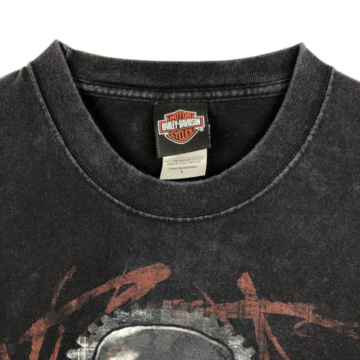 2000'S Harley-Davidson Skull Pattern Motorcycle Long Sleeve T-Shirt, Made in USA, Men's Size L cotton black type Vintage Second Hand