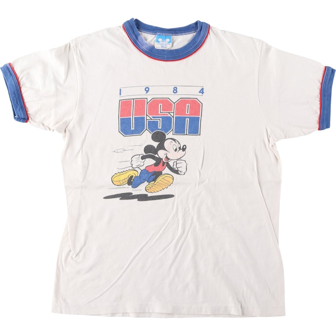 80'S Disney Mickey Mouse Ringer T-shirt, Character Print T-shirt, Made in USA, Men's Size S (approx.) cotton ivory Vintage Second Hand