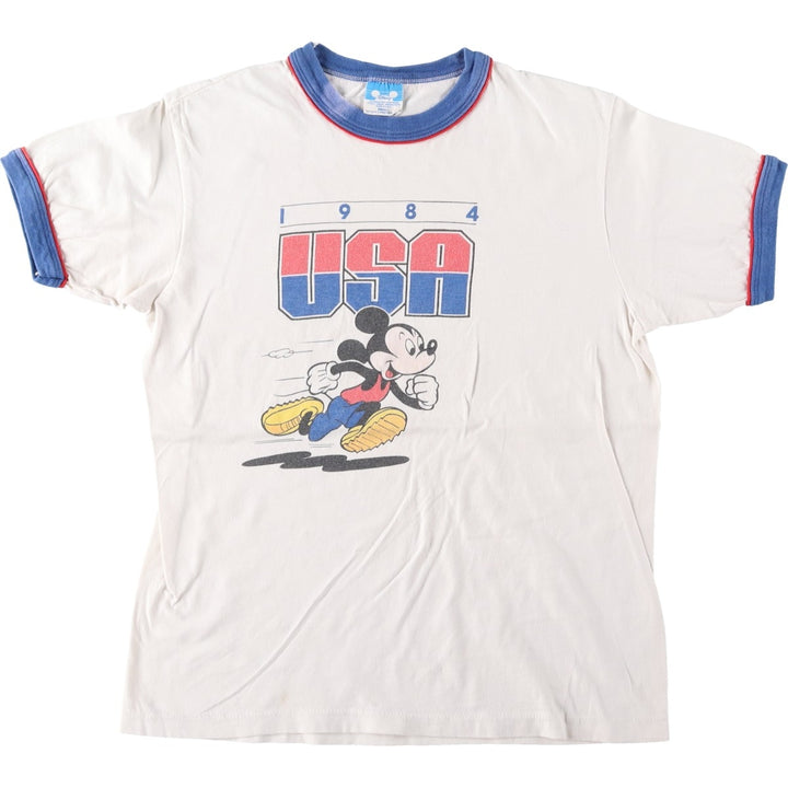 80'S Disney Mickey Mouse Ringer T-shirt, Character Print T-shirt, Made in USA, Men's Size S (approx.) cotton ivory Vintage Second Hand