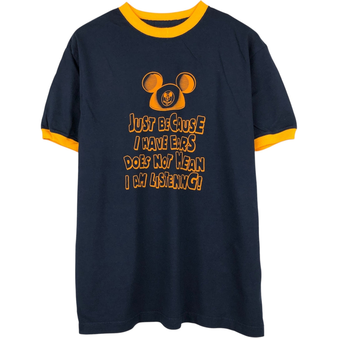 DISNEY Mickey Mouse Ringer T-shirt, Character Print T-shirt, Men's Size L (approx.), Vintage cotton navy blue type Vintage Second Hand