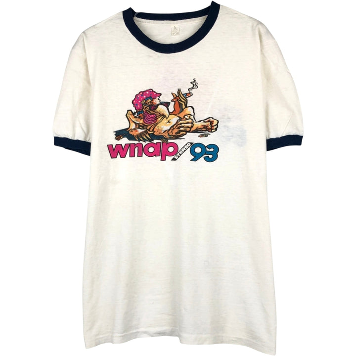 90'S WNAP Stereo 93 Ringer T-Shirt, Made in USA, Men's Size L (Equivalent), Vintage cotton white type Vintage Second Hand
