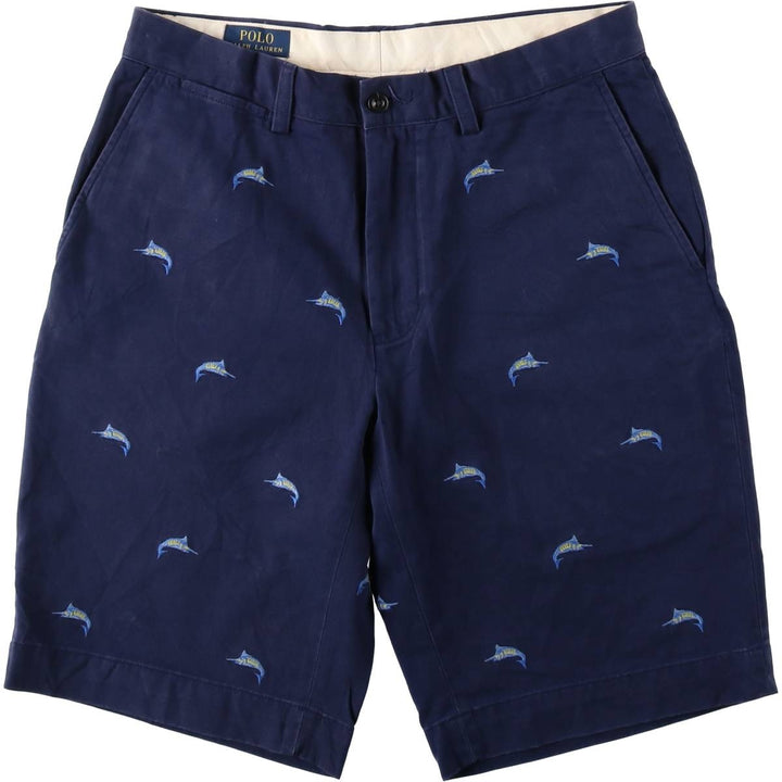 Ralph Lauren POLO RALPH LAUREN all-over fish print chino shorts, men's size W32 (approx.) cotton navy blue type Vintage Second Hand