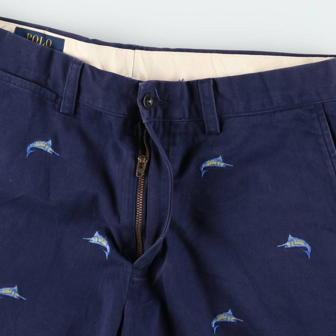 Ralph Lauren POLO RALPH LAUREN all-over fish print chino shorts, men's size W32 (approx.) cotton navy blue type Vintage Second Hand