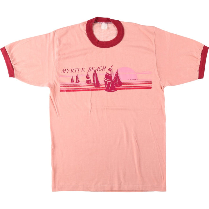 80'S sportswear ringer t-shirt, men's size L equivalent, vintage. polyester coral Vintage Second Hand