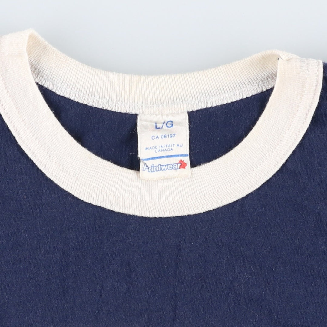 80'S Printwear College Triple Print Ringer T-Shirt, Made in Canada, Men's Size L (approx.), Vintage cotton navy blue type Vintage Second Hand