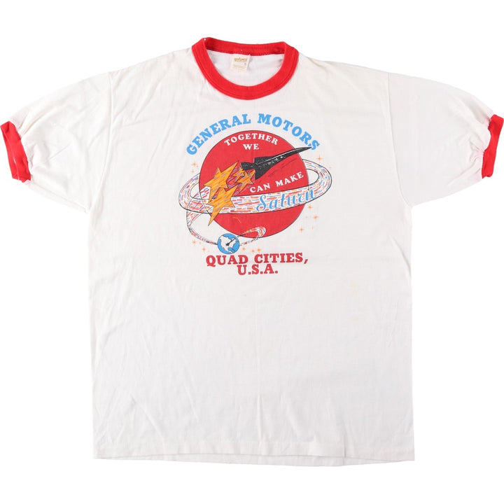 80'S sportswear GENERAL MOTORS advertising ringer t-shirt, made in USA, men's size XL equivalent. polyester white type Vintage Second Hand