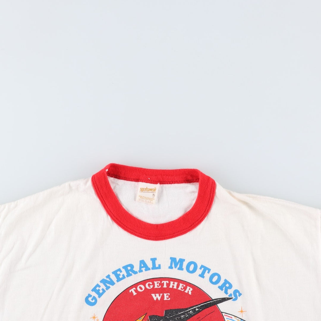 80'S sportswear GENERAL MOTORS advertising ringer t-shirt, made in USA, men's size XL equivalent. polyester white type Vintage Second Hand