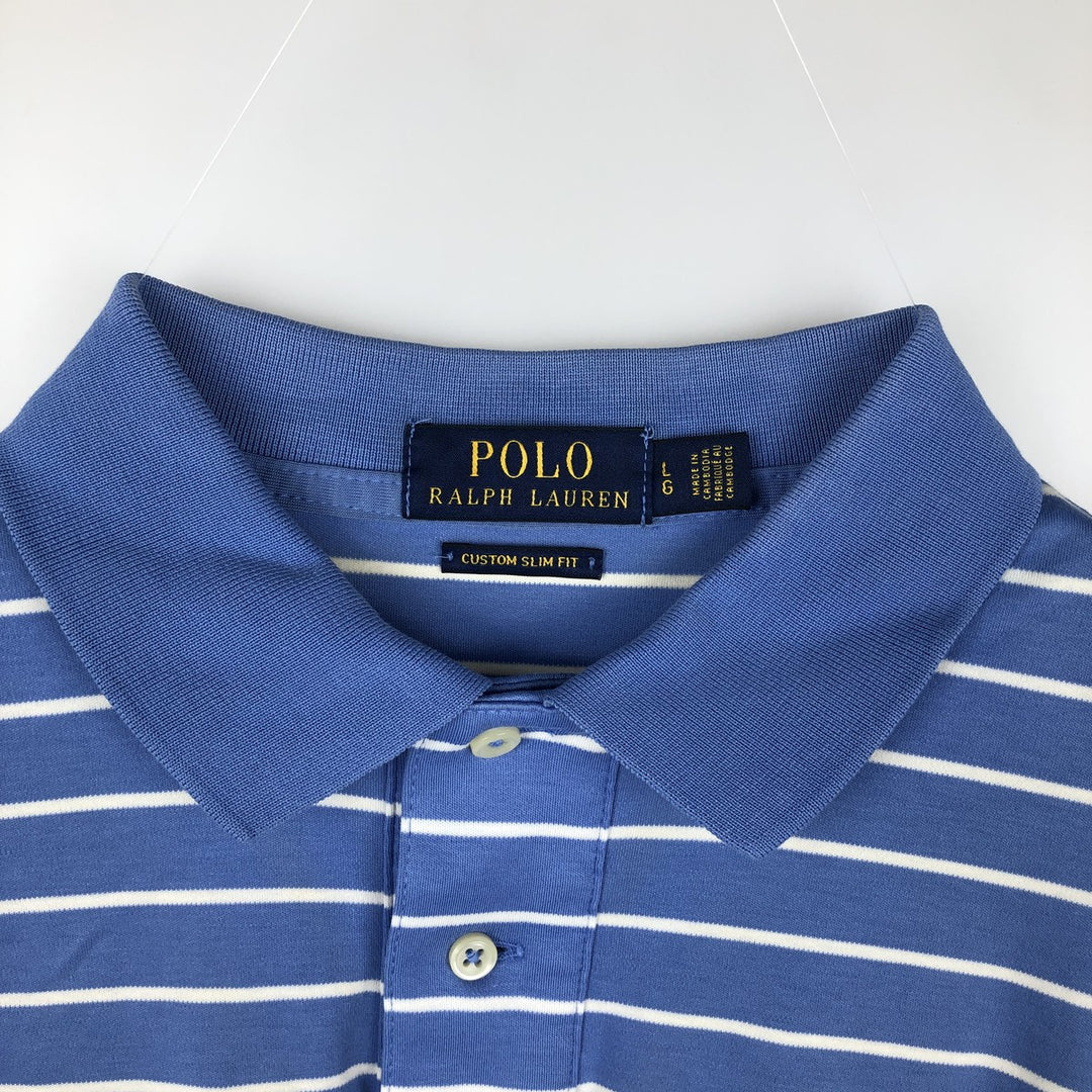 Ralph Lauren POLO RALPH LAUREN CUSTOM SLIM FIT short sleeve striped polo shirt men's size L cotton Blue type light blue Vintage Second Hand