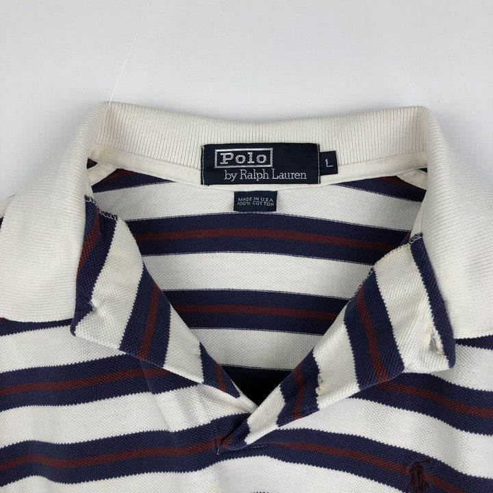 Ralph Lauren POLO by Ralph Lauren Multi-stripe Short-Sleeve Polo Shirt, Made in USA, Men's Size L (approx.) cotton white type Vintage Second Hand