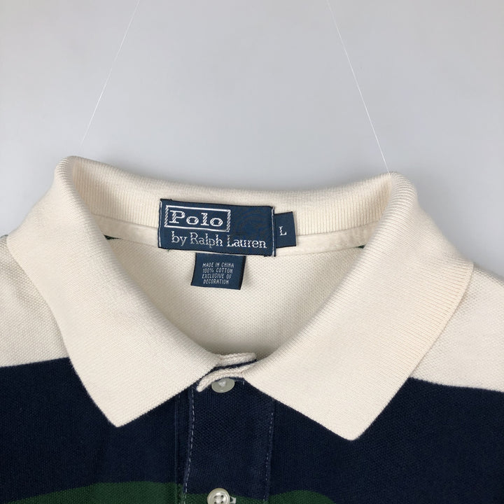 Ralph Lauren POLO by Ralph Lauren Multi-border short sleeve striped polo shirt Men's size L cotton white type Vintage Second Hand