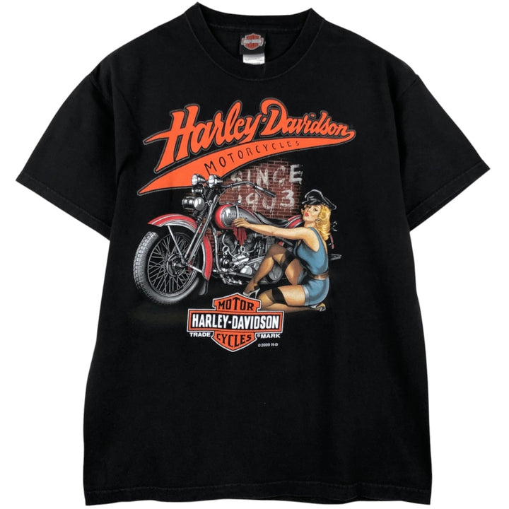 2000'S Harley-Davidson Pin-up Girl Motorcycle T-Shirt, Made in USA, Men's Size L (approx.) cotton black type Vintage Second Hand