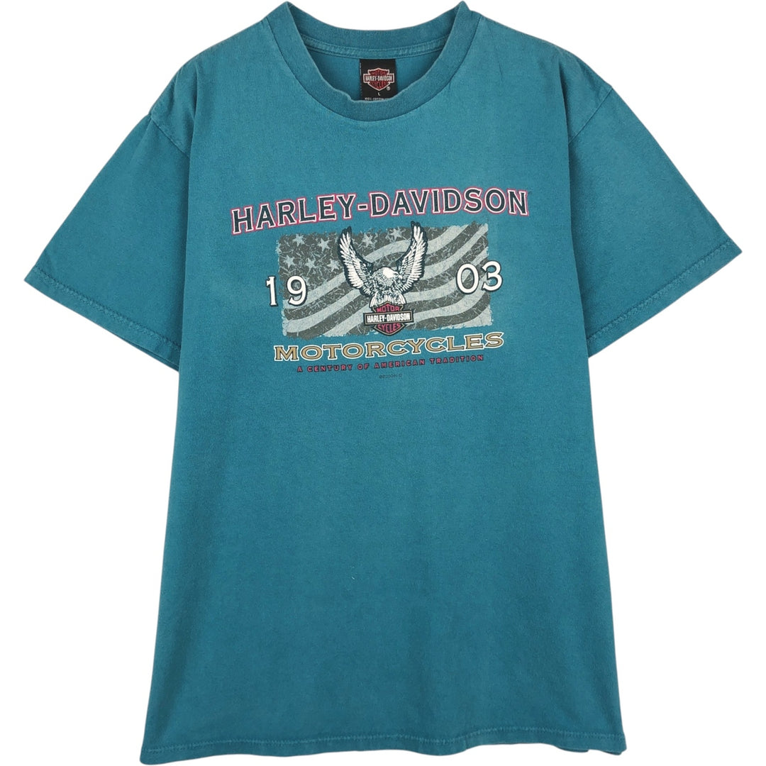 00'S Harley-Davidson Eagle Pattern Motorcycle Bike T-shirt Made in USA Men's L size cotton Blue type light blue Vintage Second Hand