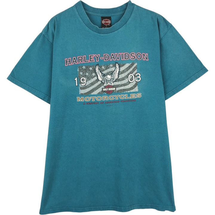 00'S Harley-Davidson Eagle Pattern Motorcycle Bike T-shirt Made in USA Men's L size cotton Blue type light blue Vintage Second Hand