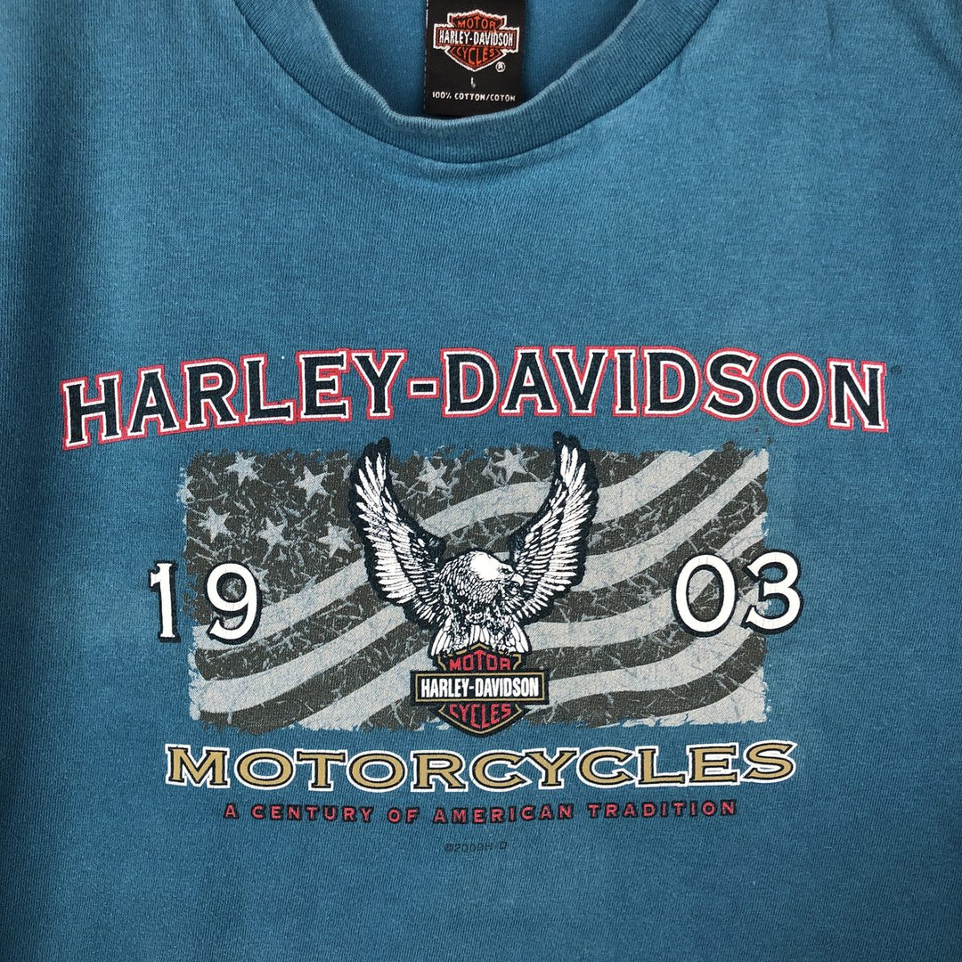 00'S Harley-Davidson Eagle Pattern Motorcycle Bike T-shirt Made in USA Men's L size cotton Blue type light blue Vintage Second Hand