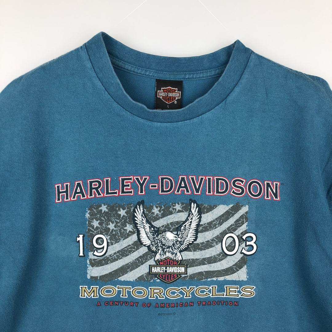 00'S Harley-Davidson Eagle Pattern Motorcycle Bike T-shirt Made in USA Men's L size cotton Blue type light blue Vintage Second Hand