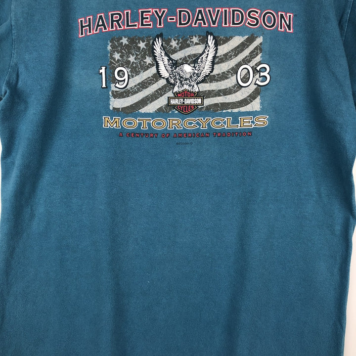 00'S Harley-Davidson Eagle Pattern Motorcycle Bike T-shirt Made in USA Men's L size cotton Blue type light blue Vintage Second Hand