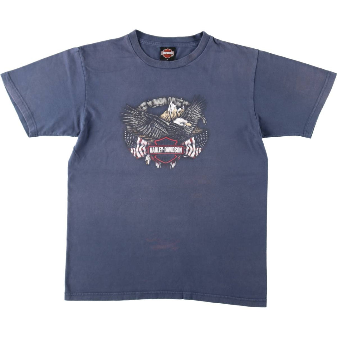 00'S Harley-Davidson Eagle Pattern Motorcycle Bike T-shirt Made in USA Men's L size cotton blue type Vintage Second Hand
