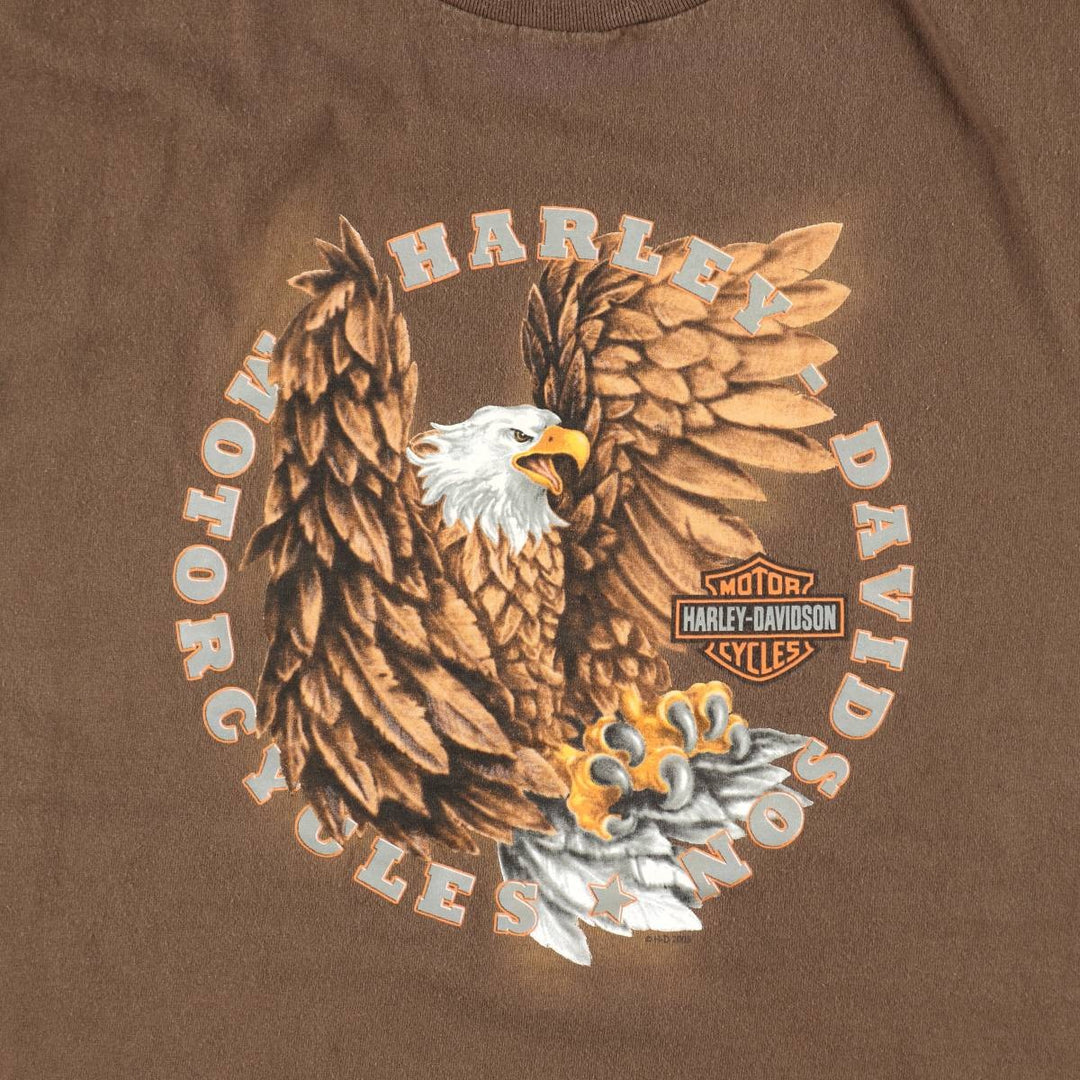 00'S Harley-Davidson Eagle Pattern Motorcycle Bike T-shirt Men's L size cotton brown type Vintage Second Hand