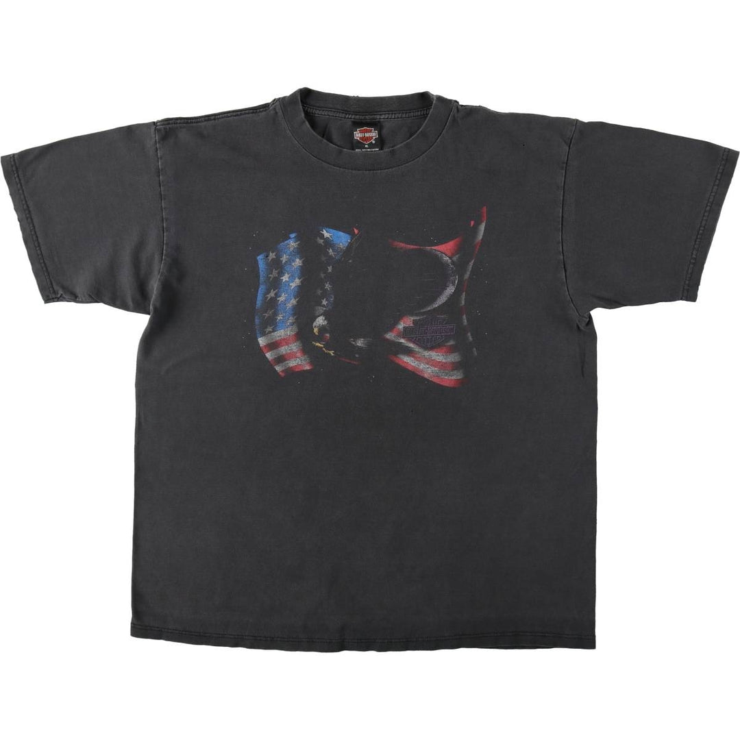 Harley-Davidson Eagle Pattern/Stars and Stripes Motorcycle T-Shirt, Made in USA, Men's XL (approx.) cotton black type Vintage Second Hand