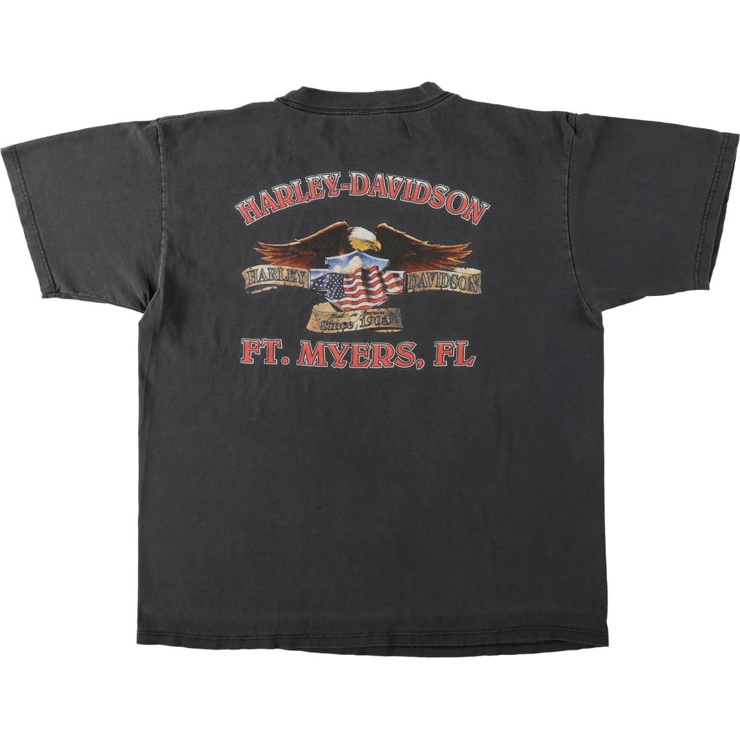Harley-Davidson Eagle Pattern/Stars and Stripes Motorcycle T-Shirt, Made in USA, Men's XL (approx.) cotton black type Vintage Second Hand