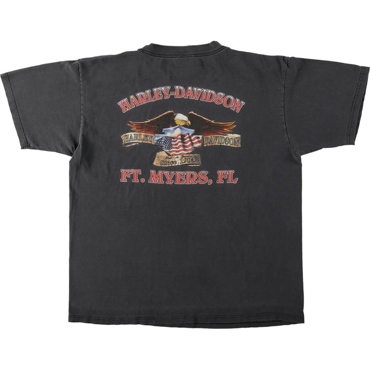 Harley-Davidson Eagle Pattern/Stars and Stripes Motorcycle T-Shirt, Made in USA, Men's XL (approx.) cotton black type Vintage Second Hand