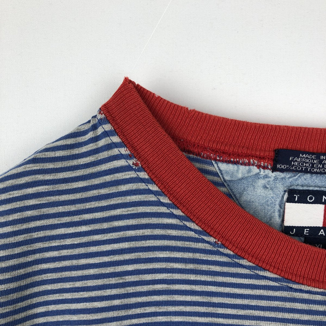 90'S Tommy Hilfiger JEANS Short-Sleeve Striped T-Shirt, Men's Size XL (Equivalent), Vintage cotton blue type Vintage Second Hand