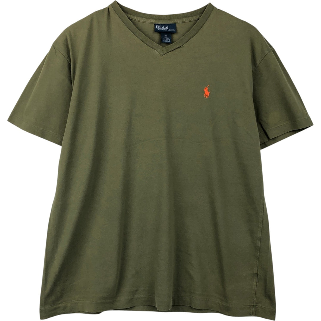 Ralph Lauren POLO by Ralph Lauren V-neck short-sleeved T-shirt with a single logo, men's size M (approx.) cotton Khaki type Vintage Second Hand
