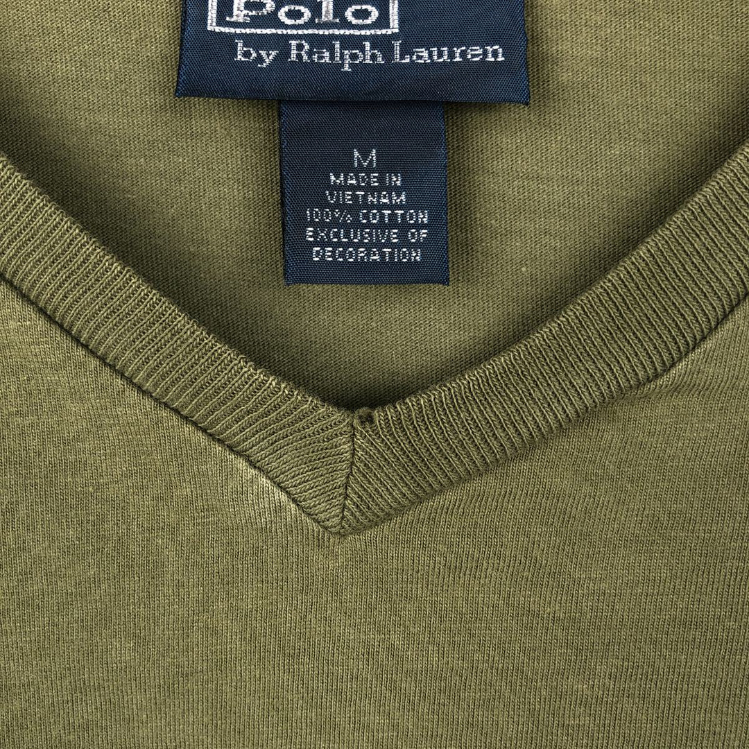 Ralph Lauren POLO by Ralph Lauren V-neck short-sleeved T-shirt with a single logo, men's size M (approx.) cotton Khaki type Vintage Second Hand