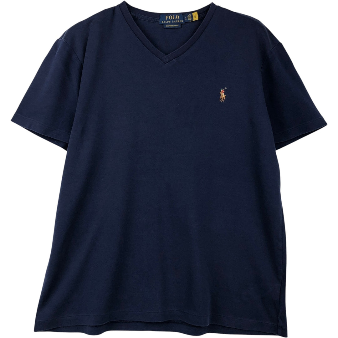 Ralph Lauren POLO RALPH LAUREN CUSTOM SLIM FIT V-neck Short-sleeve T-shirt with a single logo, Men's size L (approx.) cotton navy blue type Vintage Second Hand