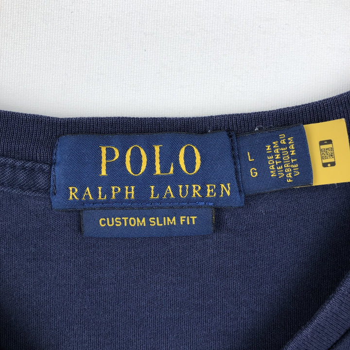 Ralph Lauren POLO RALPH LAUREN CUSTOM SLIM FIT V-neck Short-sleeve T-shirt with a single logo, Men's size L (approx.) cotton navy blue type Vintage Second Hand