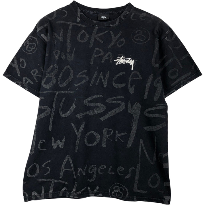 Stussy all-over print surf skate t-shirt, men's size M (approx.) cotton black type Vintage Second Hand